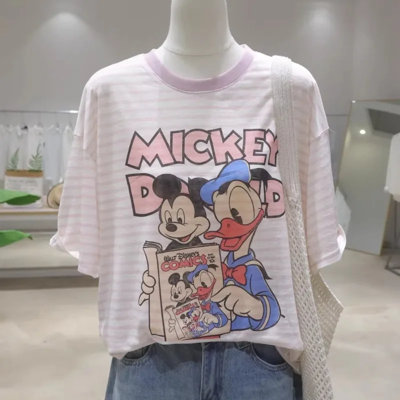 

Drape Thin Breathable Girl Age-reducing Cartoon T-shirt 2026 Spring Summer Loose And Thin Striped Short-sleeved T-shirt Ladies