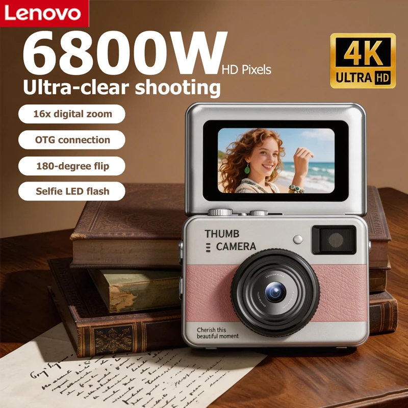 

Lenovo 2026 Flip Screen Mini CCD Camera Pocket 4K HD Retro Instant Camera for Students Portable One-Key Vlogging Camera