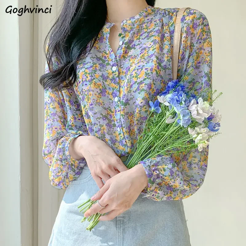 Shirts Women Floral Printed Leisure Loose Elegant Chiffon Tops Blouses Trendy All-match Temperament Korean Style Popular Retro