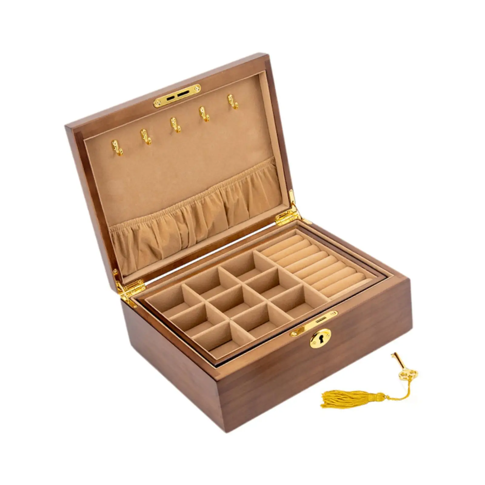 Wooden Jewelry Box Jewelry Storage Box with Lock & Key 2 Layer Solid Wood Trinket Box for Rings Necklaces Bracelets Container