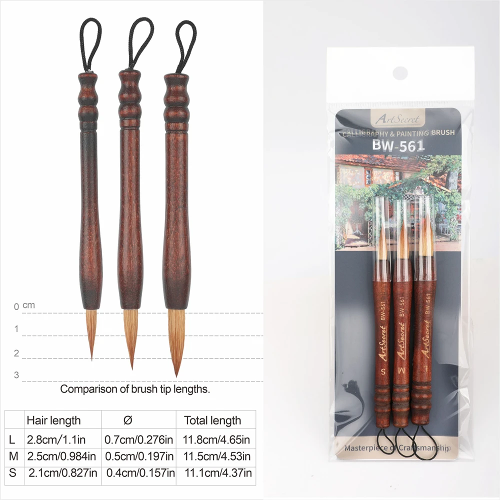 Artsecret 3pcs Mini Portable Calligraphy Brushes Birch Wood Handle Traditional Ink Watercolor Painting Brushes BW-560