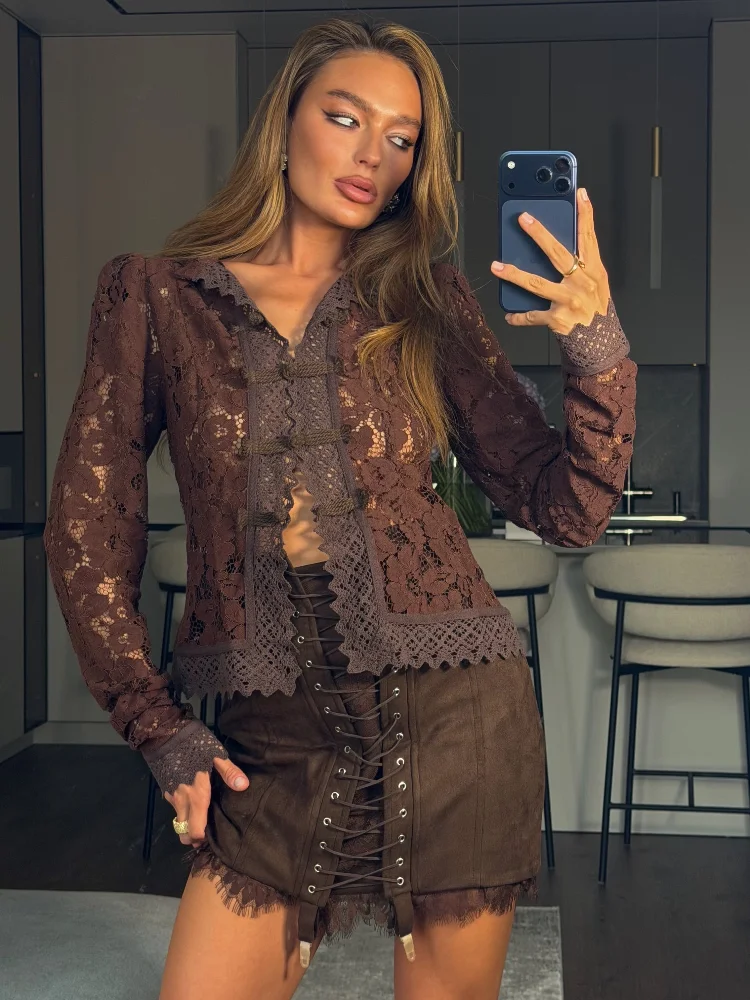 Chic Women Lace Cropped Top Long Sleeve Lapel Collar Hollow Out Scalloped Edge Slim Fit Blouse Shirt 2026 Autumn Party Outfit