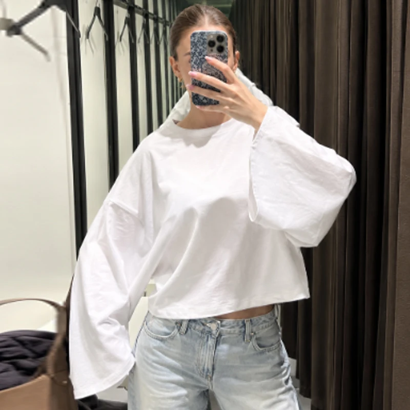 HXAO Cropped Oversized T-Shirt Damen Langarm-Oberteil Herbst 2026 Elegantes Weißes Schwarzes Braunes Oberteil O-Ausschnitt Glockenärmel Basic-Shirt – Detail 5