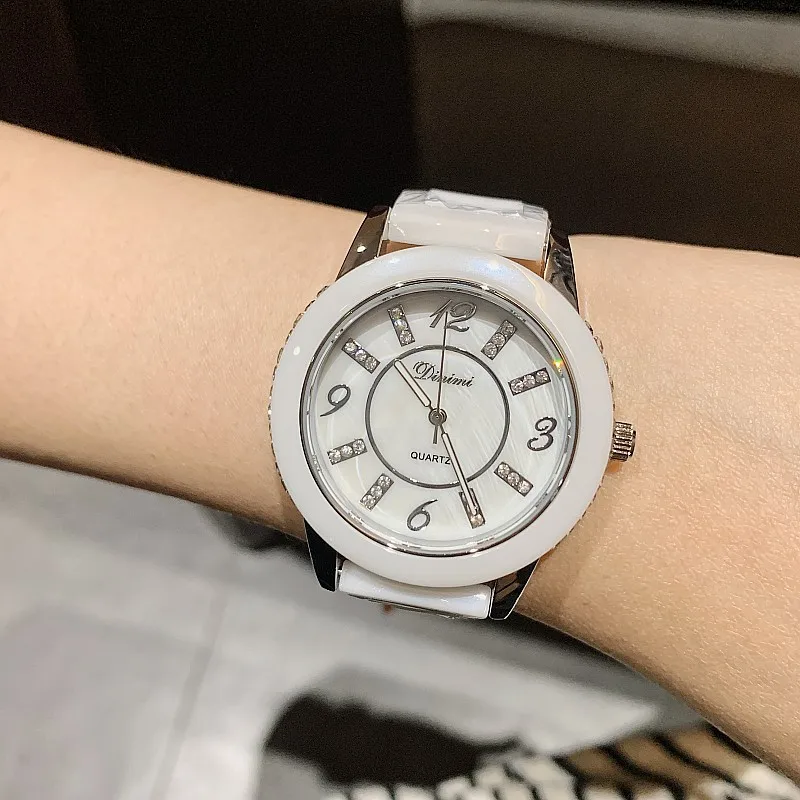 New Korean Version White Ceramic Watch with Diamond Inlaid Quartz Waterproof Top Brand Luxury Women\'s Watch Relogio Feminino