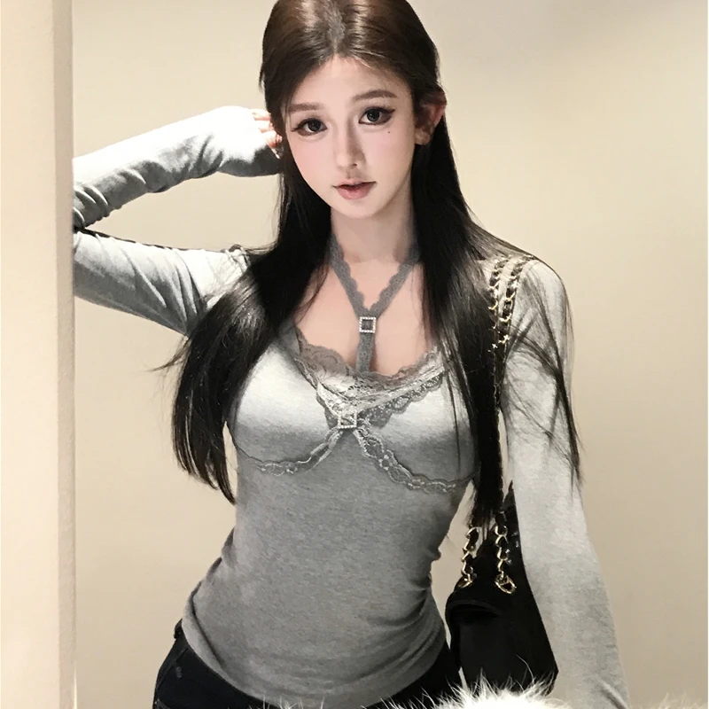 

2025 Autumn Winter Women Bottoming Shirt Hanging Neck Diamond Buckle Lace Top Slim Sexy Long Sleeve T Shirt