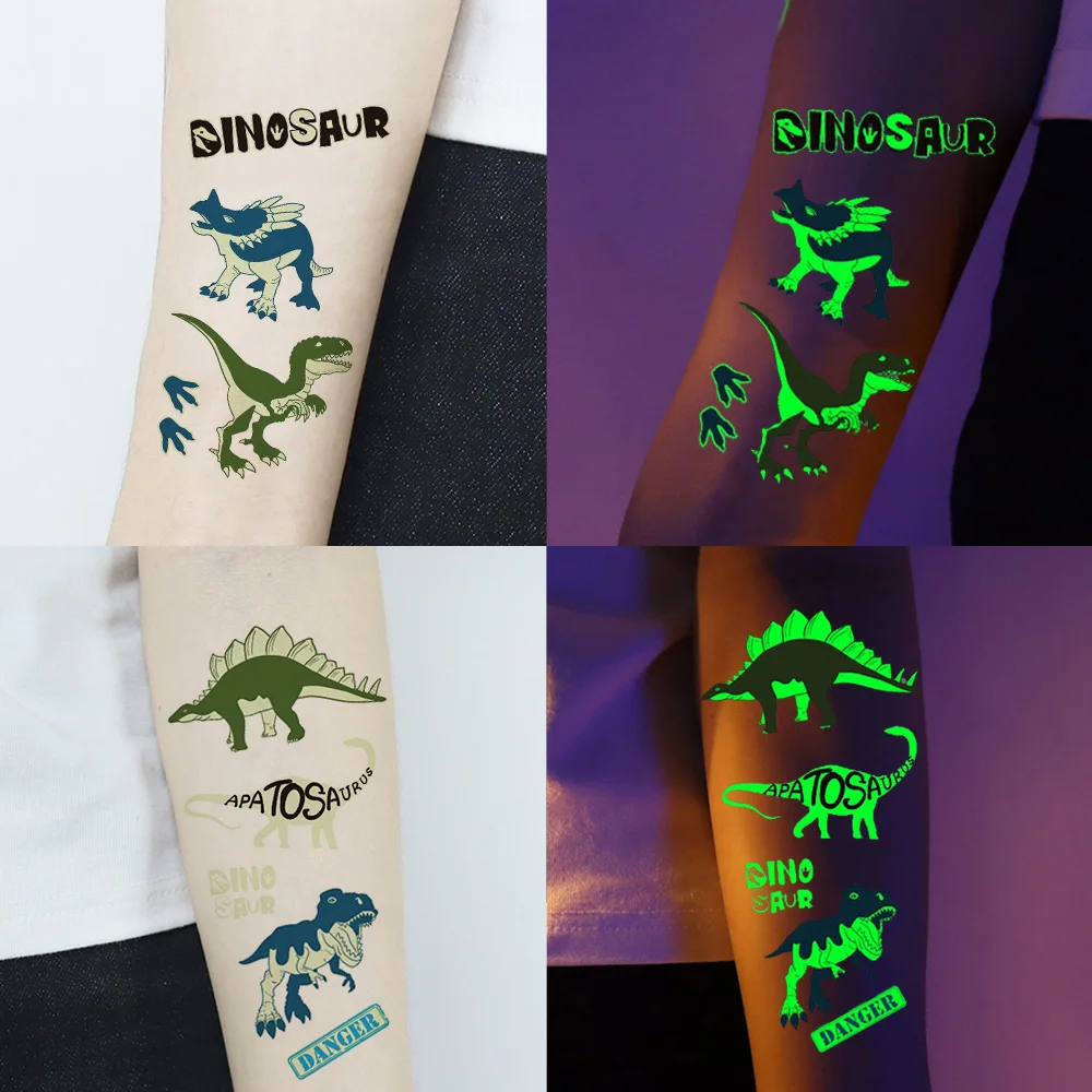 10 Blatt im Dunkeln leuchtende temporäre Dinosaurier-Tattoos – wasserfeste, leuchtende, einfach anzubringende Aufkleber für Geburtstagsfeiern und Geschenke – F – Detail 4