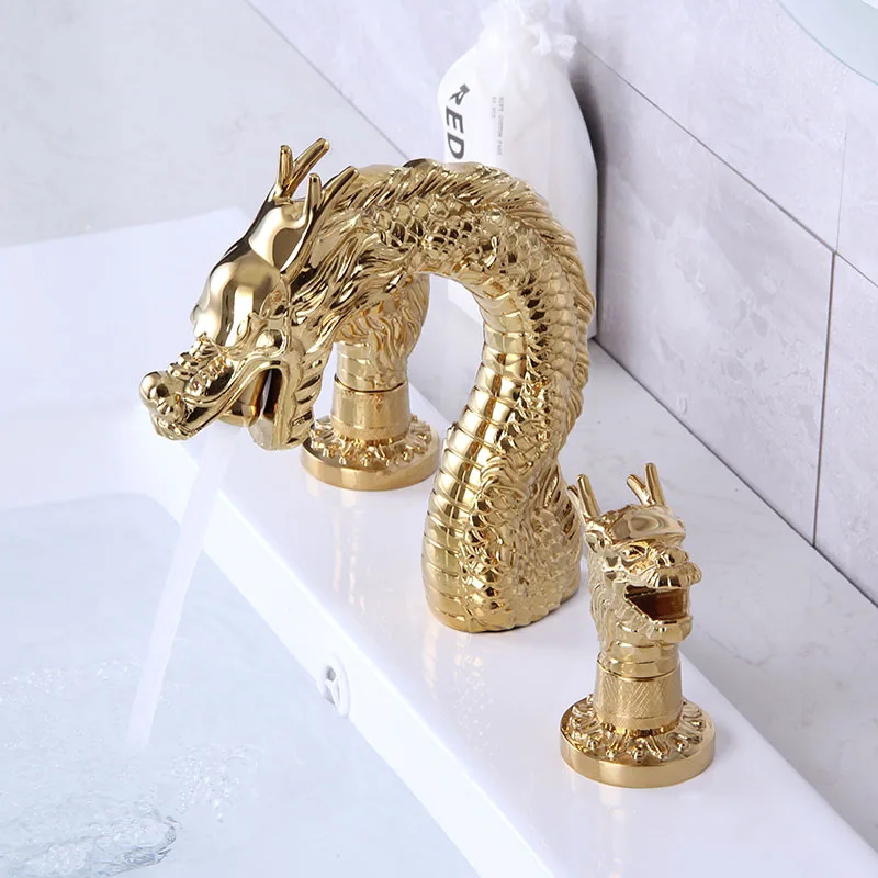 Dragon Basin Faucets Bathroom Sink Faucet Gold Brass 3 Holes Double Handle Bathbasin Bathtub Tap Hot And Cold Mixer Water Faucet
