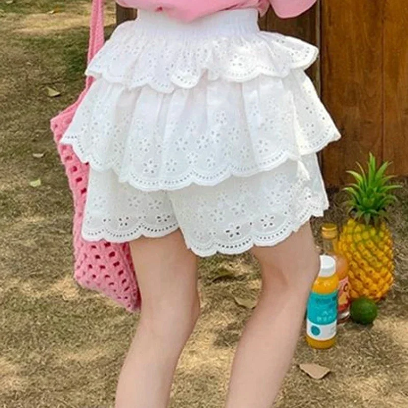 

Girls White Tiered Ruffle Skort Summer Lace Trim Flowy Shorts Japanese Korean Style Cotton Kids Cake Skirt Shorts