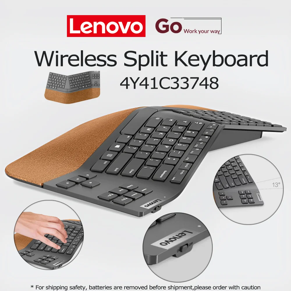 Lenovo Go Wireless Split Keyboard Ergonomic Comfort Designed Cork Palm English Grey USB-A Port For PC Laptop Windows Business