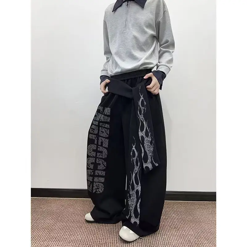 Men's Retro Letter Flame Pattern Ribbon Design Spring Casual Pants Youth Boys' Bottoms Male High Waisted Vintage Loose Trousers