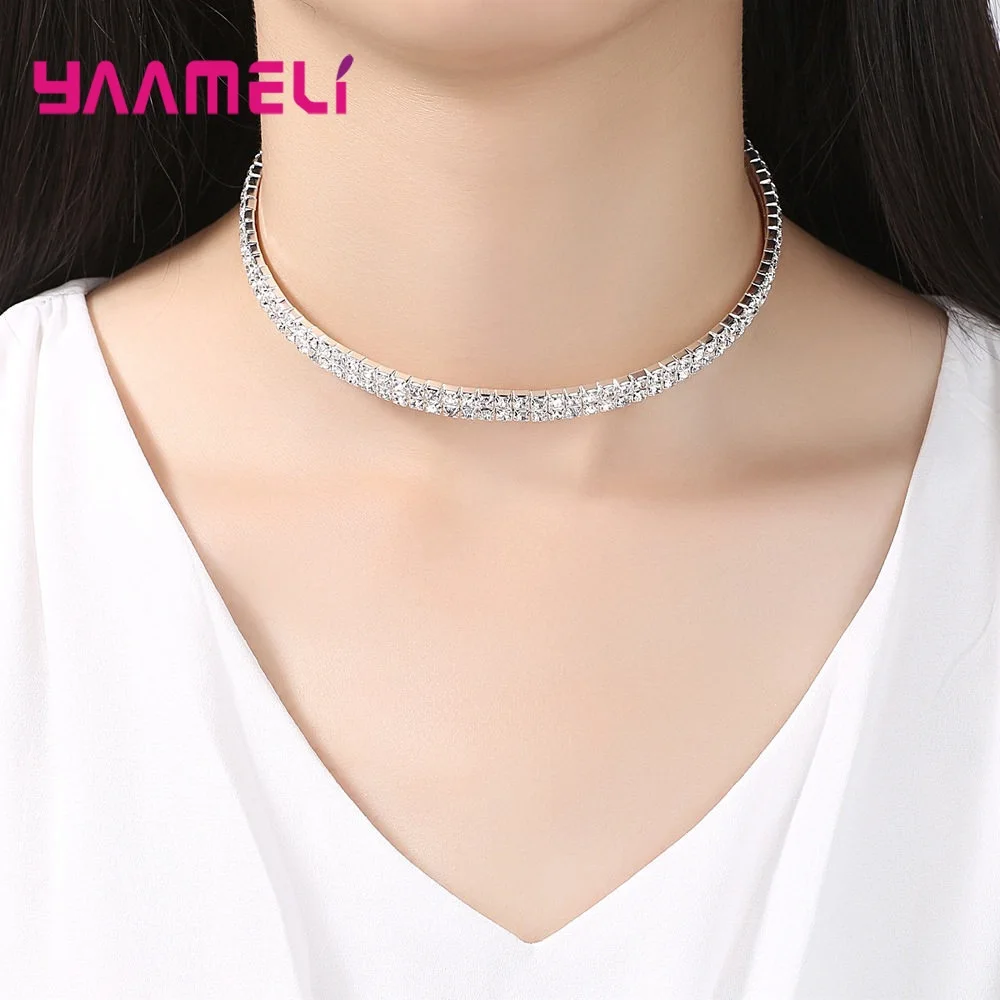Shining Rhinestone 4 Styles Collar Choker 925 Silver Needle Iced Out Crystal Necklace Charms Statement Luxury Neck Jewelry