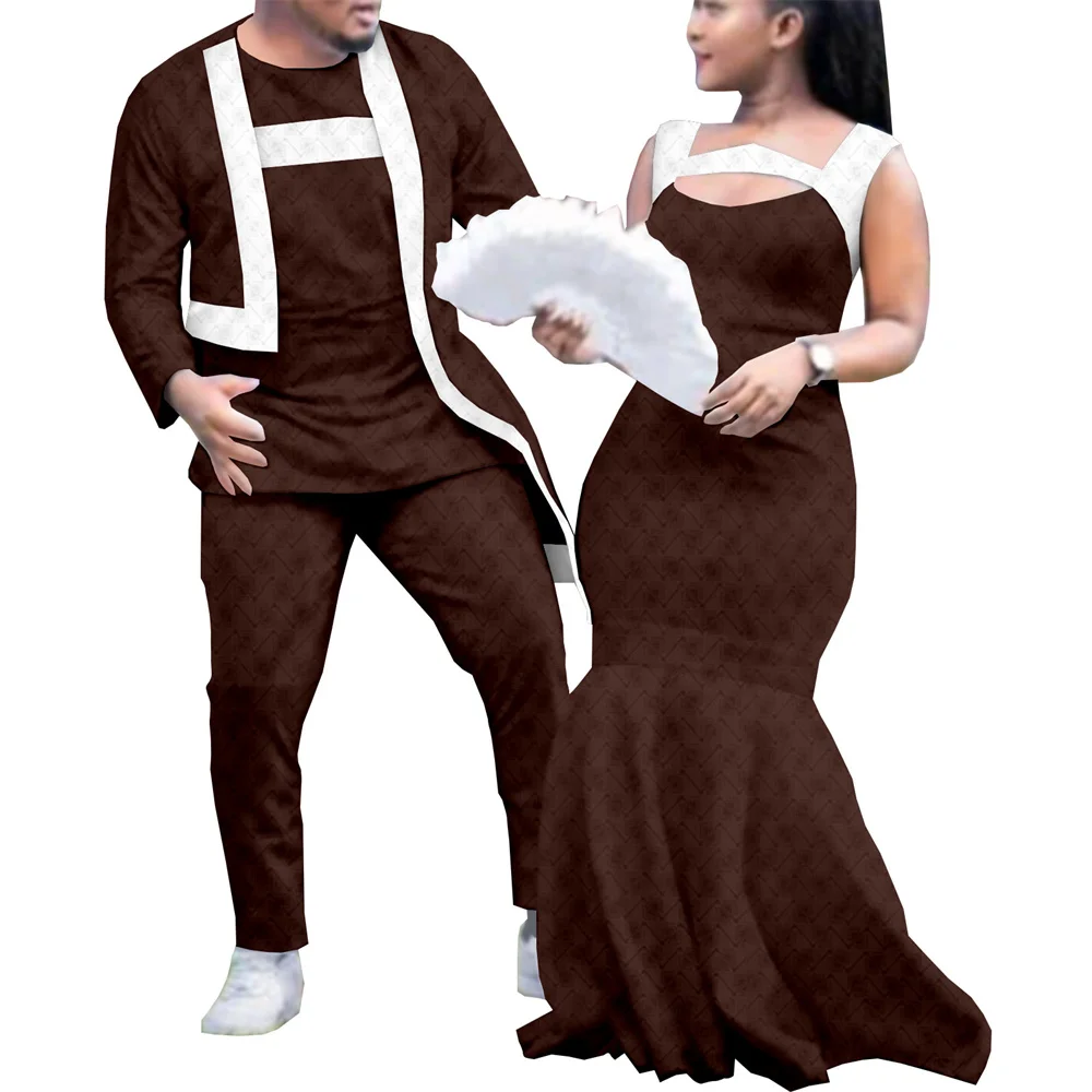 African Couples Clothes, Bazin Riche African Dresses for Women, Matching Men Outfits, Double Layer Shirts and Pants Sets, Y22C05