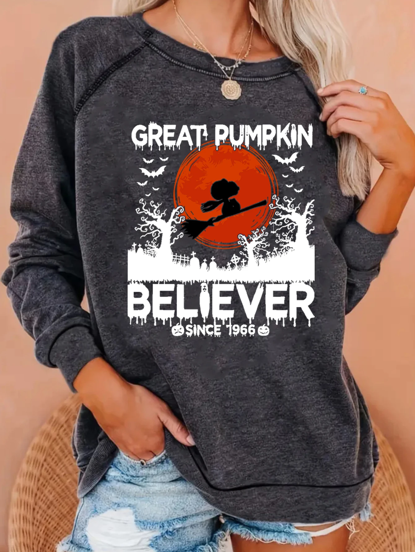 

Halloween Pumpkin Letter comic print crew neck pullover sweatshirt Fall/Winter women's rotator cuff hoodie hoodies clothes