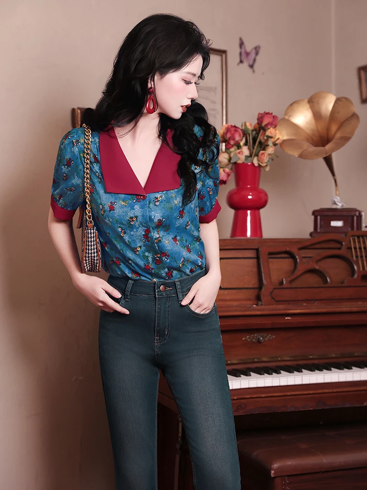 

Wangjiaog Street Style Retro Bright Color Block Collar Summer Floral Short Sleeve Women's Casual Shirt Polyester Fiber Skins ...