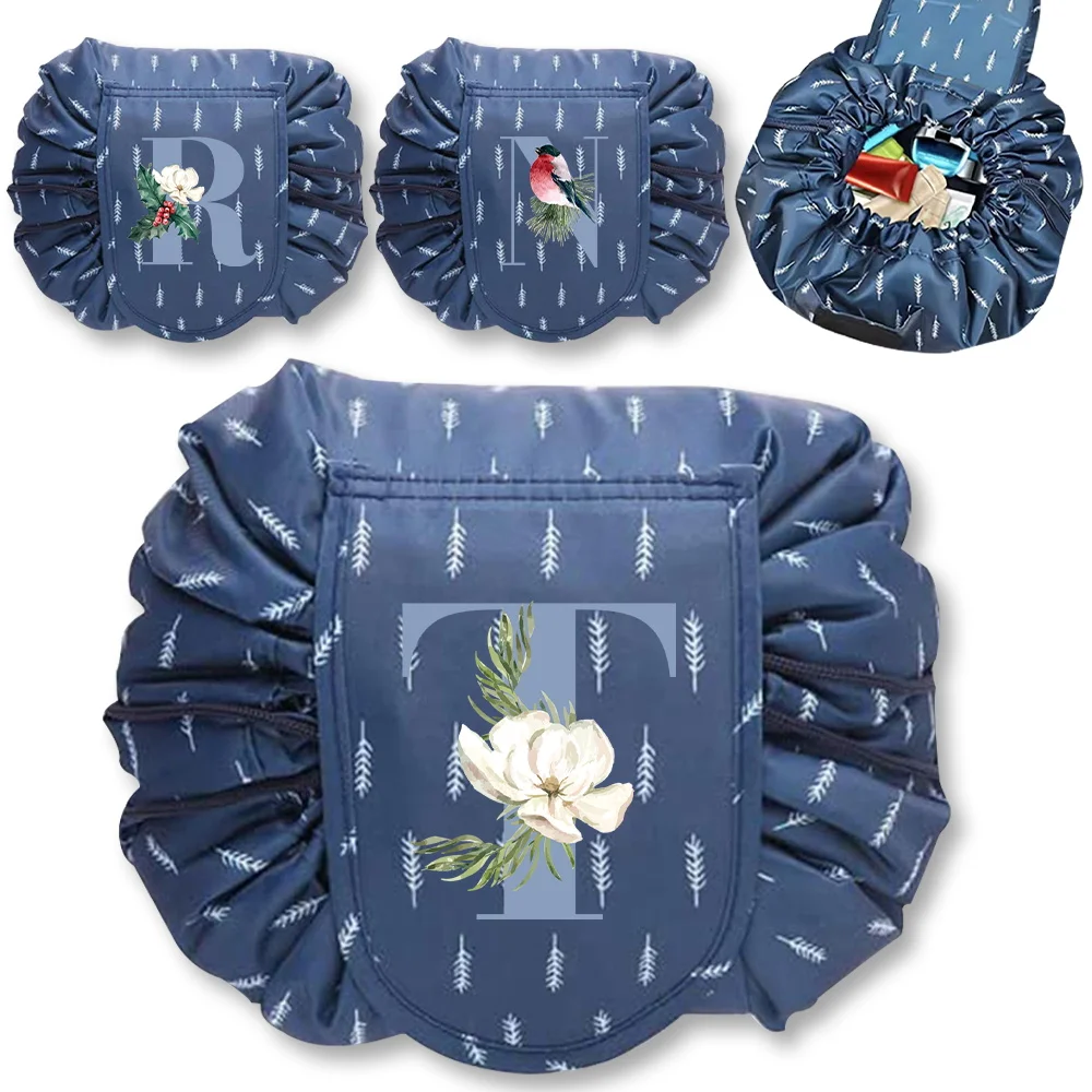 Women Cosmetic Bag Makeup Pouch Travel Bag Lipstick Organizer Cases Fashion Blue Letter Pattern Women's Drawstring Makeup Bag