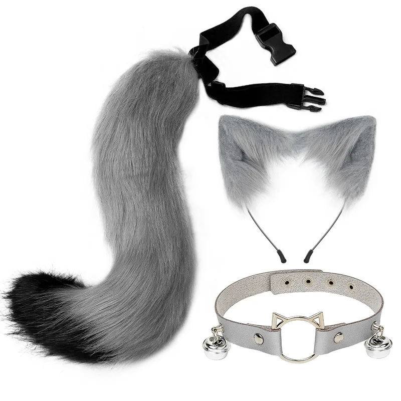 Handmade Imitation Cat Ear Hair Hoop Fox Tail Accessories Anime Animal Ear and Tail Suit Collar Hair Clip Halloween Cosplay