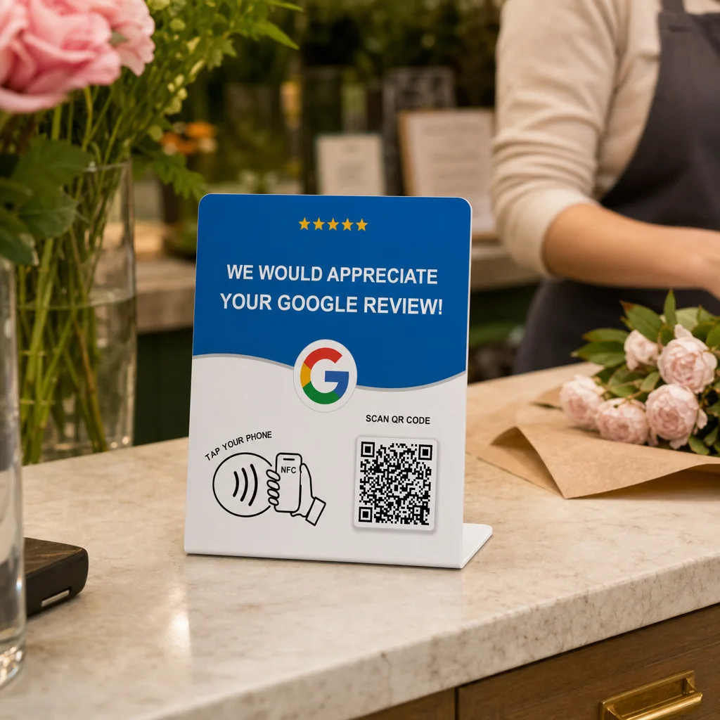 Large NFC Countertop Display Stand Google Review Instagram TikTok Tap and QR Options Business Review and Social Media Sign for