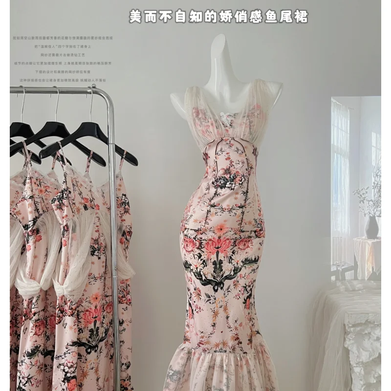 Pink Printing Dance Elegant Dress Summer Sling Dress French Dress V-neck Sleeveless Daily Wear Holiday Stylesimple Long Skirt