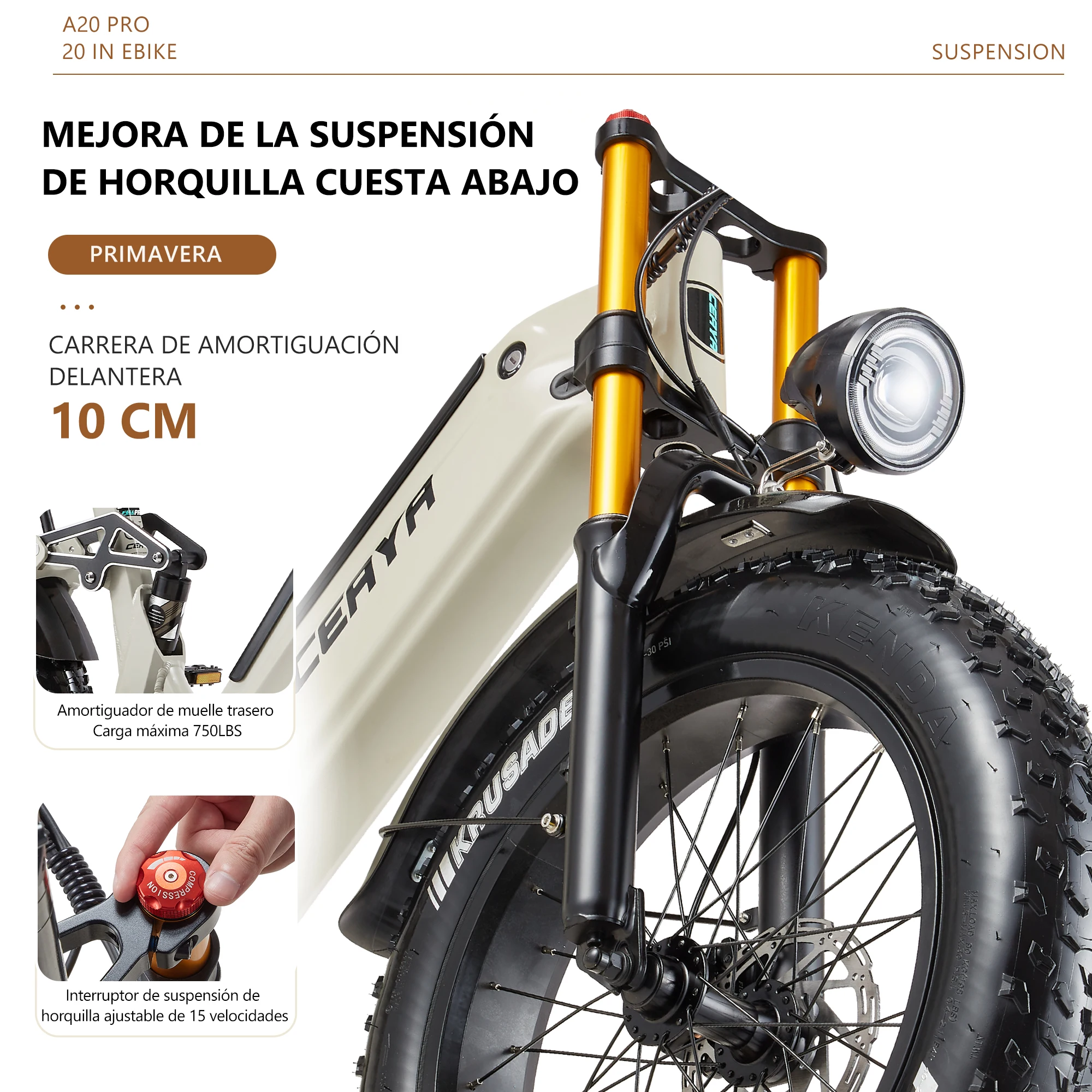 Bicicleta Eléctrica CEAYA A20Pro, Batería de 48V 20Ah, Bicicleta de Montaña Eléctrica para Adultos, Frenos Hidráulicos, Suspensión Completa, Neumáticos Gruesos Kenda de 20*4.0, Bicicleta Eléctrica para Desplazamientos Diarios