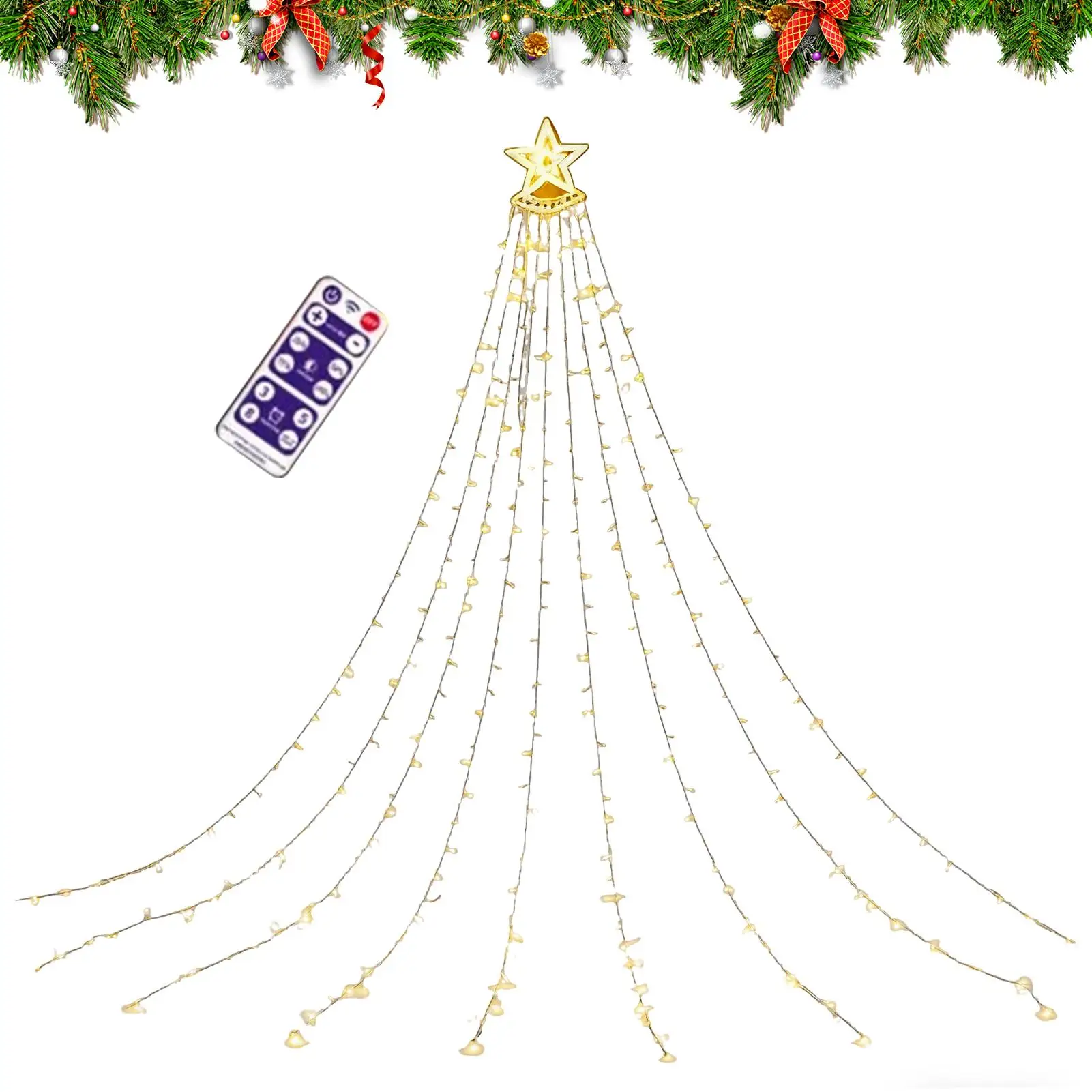 Solar Christmas Lights Outdoor Multi-Mode Star Ambient Lighting LED Waterfall Christmas Tree Lights String For Garden Pathway