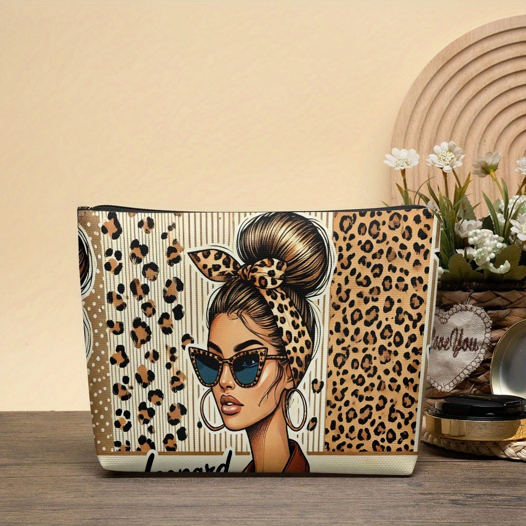 1pc Makeup Bag Featuring A Stylish Female Leopard Print Headband Lightweight Tote with Zipper Cosmetic Pouch Storage Beauty Case