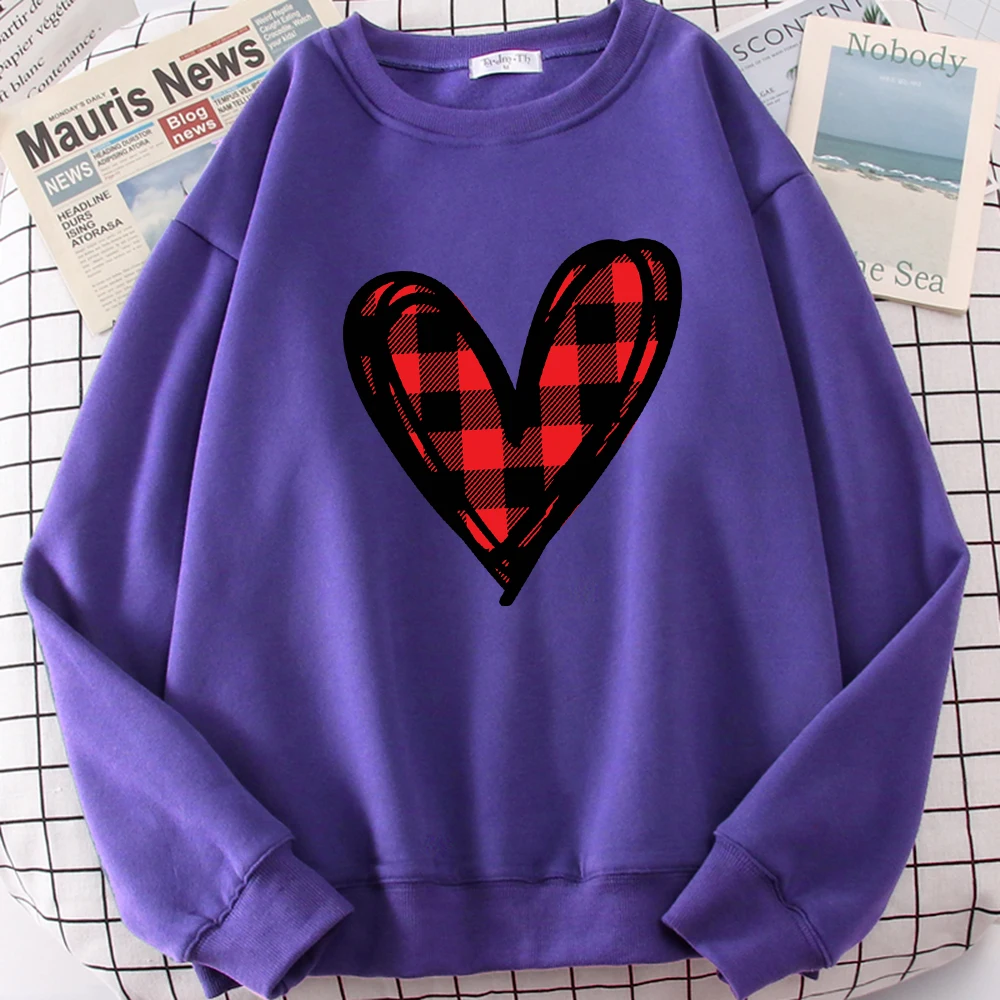 Red Chess Grid Heart Personality Design Women Sweatshirt Fashion Warm Pullovers Casual Loose Streetwear Fleece Female Clothing