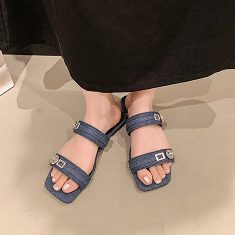 2025 Summer Woman Flat Slippers Woman Metal Buckle Flat Sandals Women Sexy Black Sandals Round Toe Slingback Shoes Plus Size 43