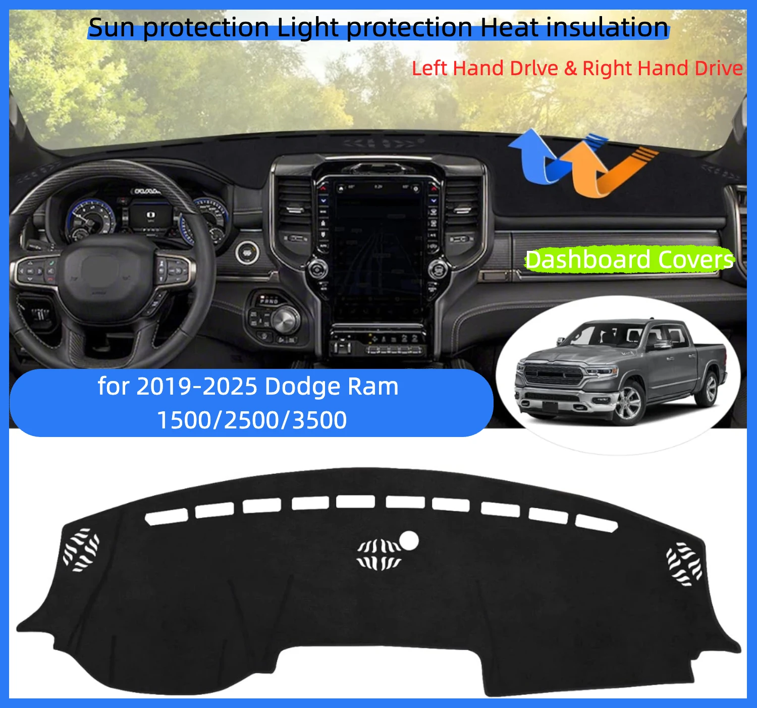 Black Flannel Dashboard Cover Mat for 2019-2025 Dodge Ram 1500/2500/3500 - Sun Glare UV Protection Auto Accessory