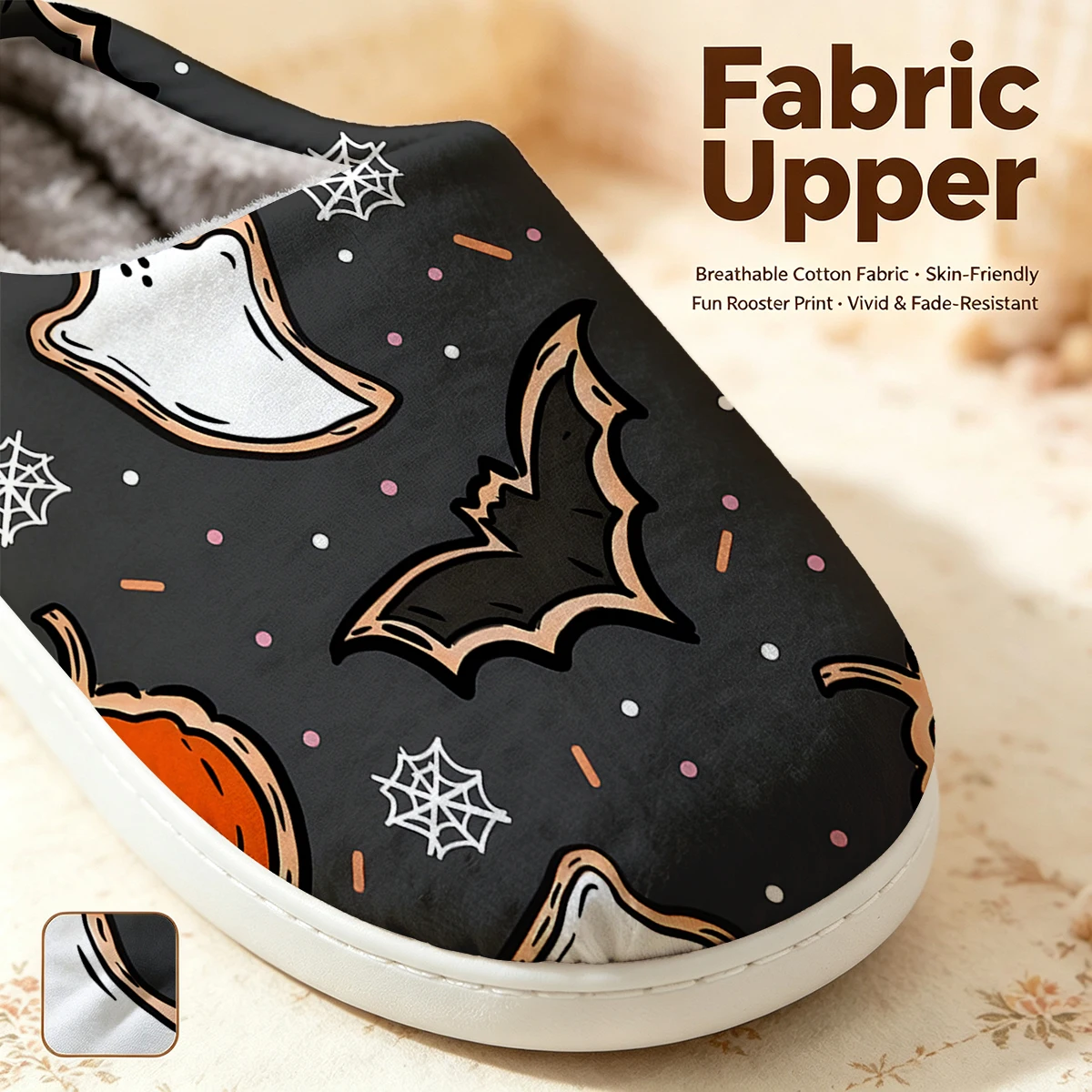 Halloween Cookie Pattern Christmas White Slippers Warm Plush Indoor Shoes Non-Slip Winter Slippers Family Holiday Gifts Soft view 2