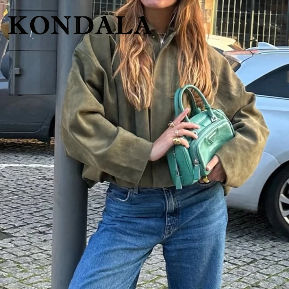 

KONDALA уличная одежда крутая армейская зеленая женская куртка на молнии мода 2025 винтажная молния с отложным воротником High Street Mujer шикарные пальто