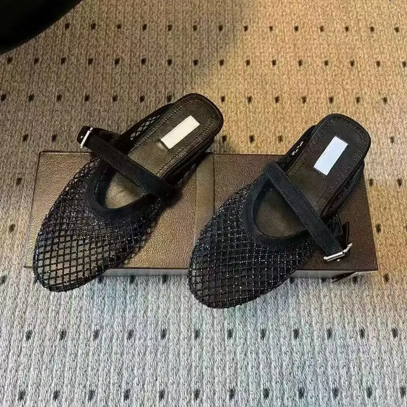 Water Diamond Woven Mesh Bread Head Slippers For Women, Flat Heels For Wearing Outside, Fishing Net Hollowed Out Mueller Shoes