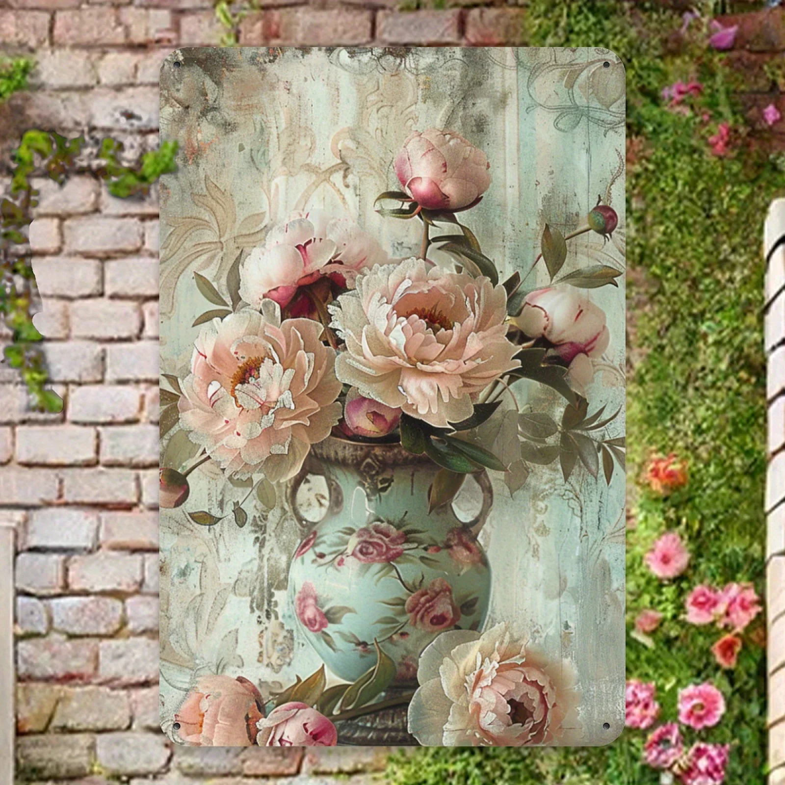 Vintage Floral Metal Wall Decor - Farmhouse Roses in Pastel Pink, White, Green - Heavy-Duty Iron Sign for Home, Office, Cafe
