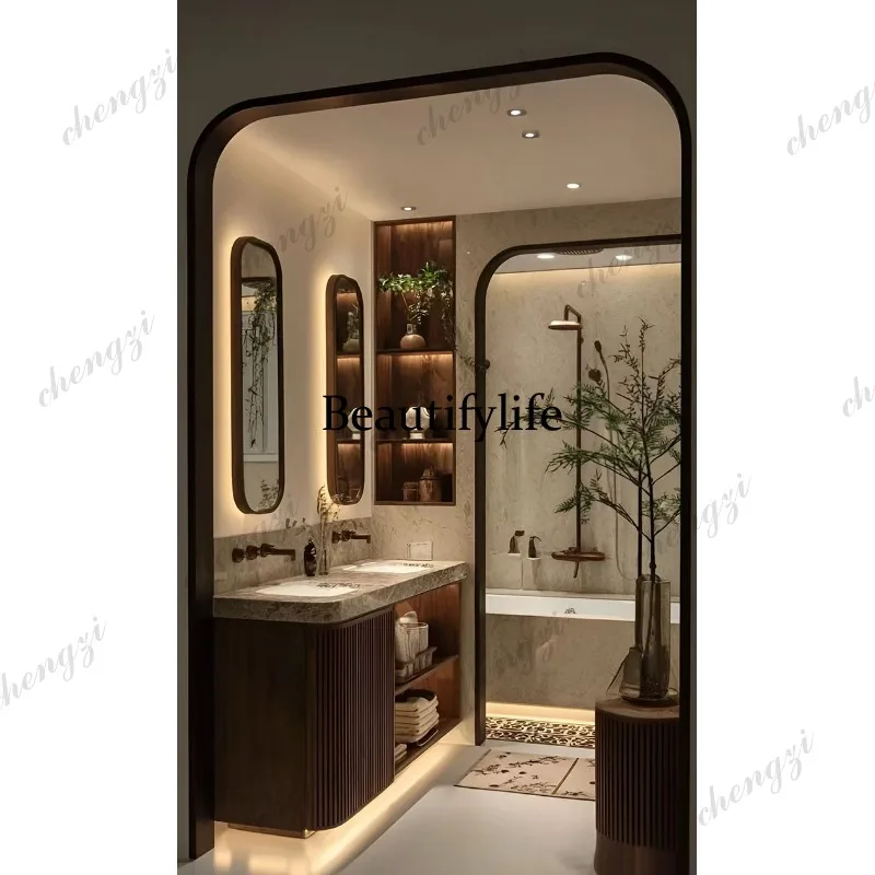 Floor-to-ceiling log bathroom cabinet Naturalism New Chinese marble countertop Wash cabinet Hot bending integrated