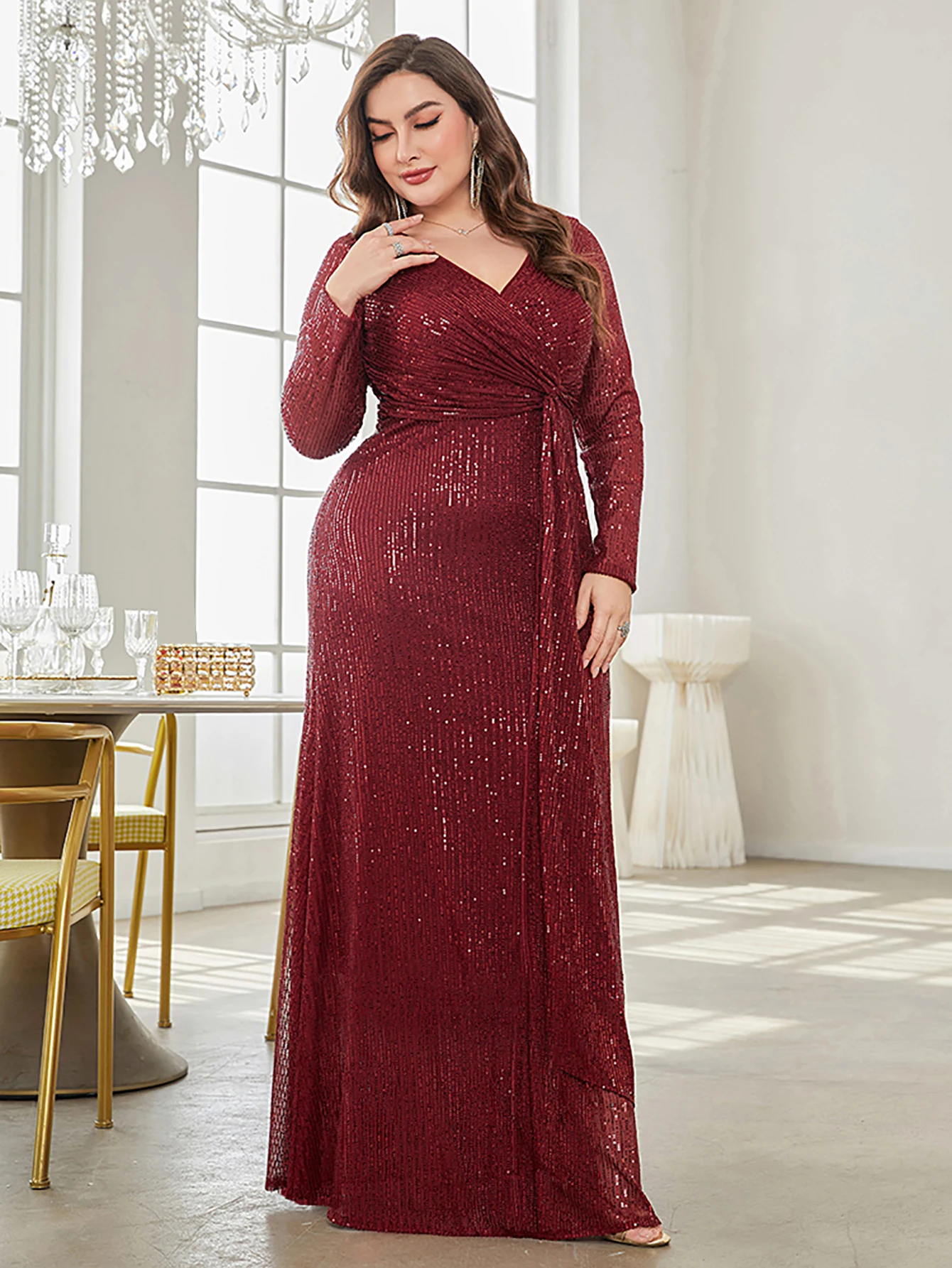 XUIBOL Glamorous sequin party dress with a luxurious V-neck and long sleeves evening gown.