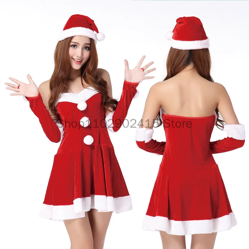 

Sexy Christmas Red Woman Dress Girls Santa Claus Cosplay Costumes Mrs Claus New Year Evening Party Fancy Dress Hat Gloves Set