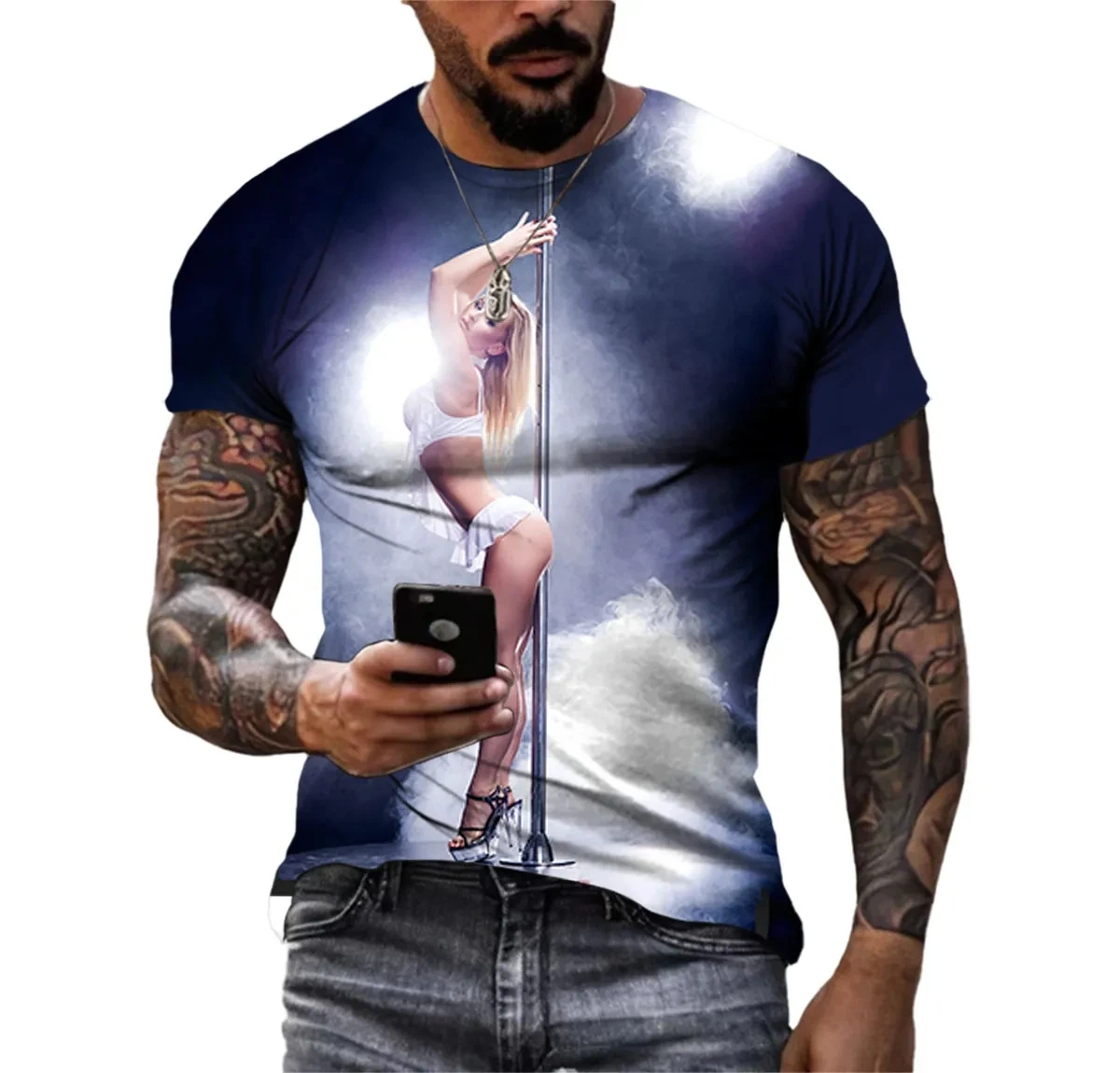 Fashionable and Lnteresting  Pole Dancing Pictures For Men\'s T-Shirts Trend Digital Printing Casual Round Neck Short Sleeved Top