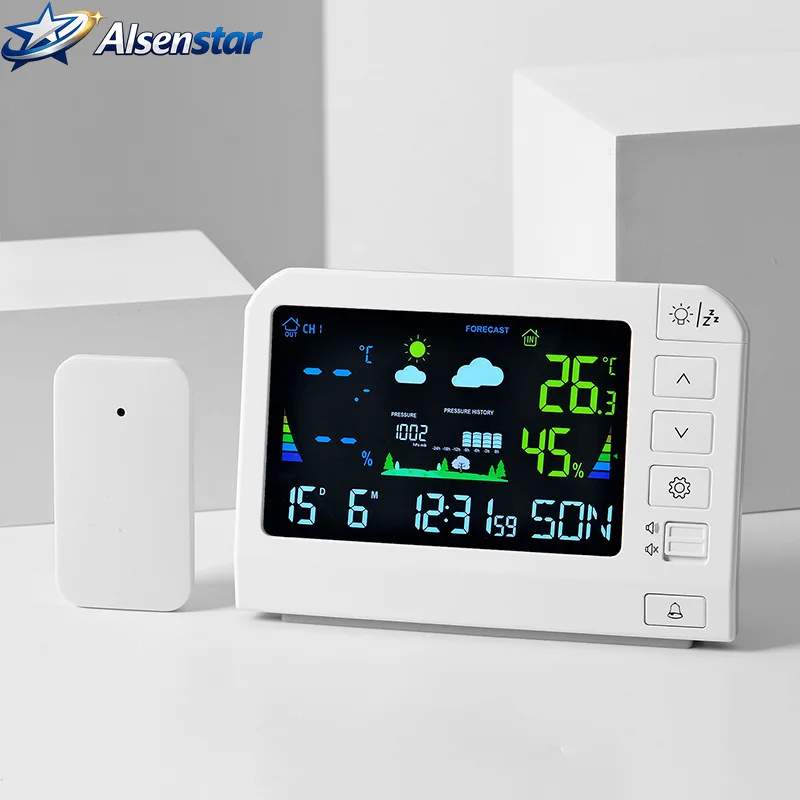 Color Screen Multifunctional Weather Station Clock LCD Digital Thermometer Hygrometer Indoor Outdoor Temperature Humidity