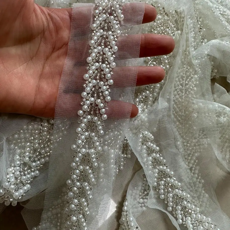 1Yard White Gold Pearl Beaded Lace Fabric Embroidered Lace Ribbon Trim Beaded Leaf Sewing Material Clothing Accessories Wedding