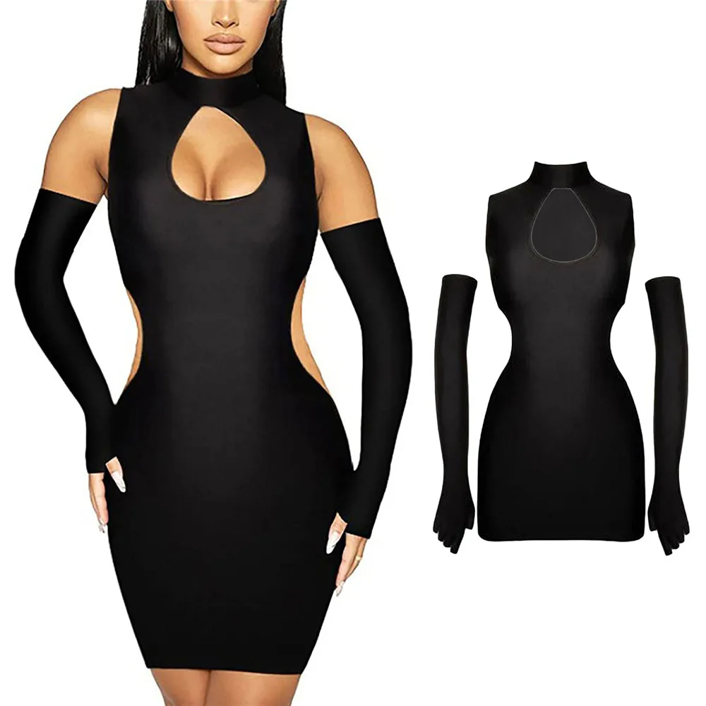 Women Sexy Hollow Out Short Dress with Gloves Fashion Bodycon Skinny Black Mini Dress Lady Summer Party Dress Clubwear