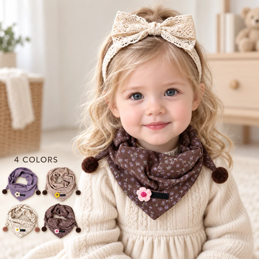 Baby Girls Floral Triangle Scarf with Pom Poms Soft Neck Warmer Bib Cute Flower Applique Autumn Winter Accessory for Toddlers