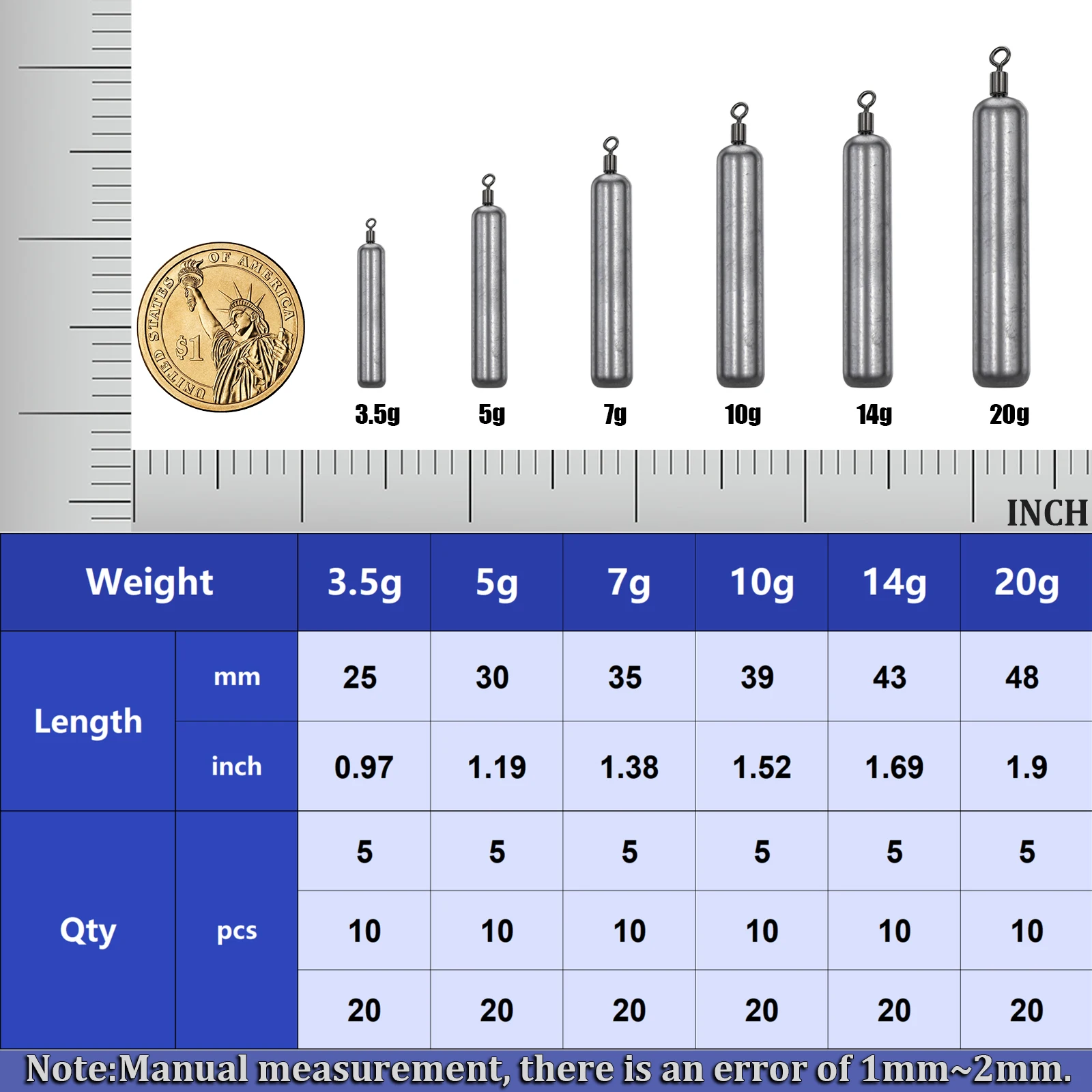 FishTrip Fishing Weights 5~20PCS Tube Bullet Plumb Pendant for Free Rig Jika Rig Fishing Lead Fishing Tackle Accessories