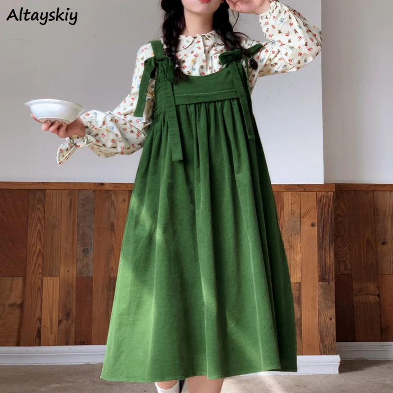 M-4XL Green Straps Dresses for Women Japanese Kawaii Schoolgirls Preppy Vintage Midi Sundress Loose All-match Faddish Spring New