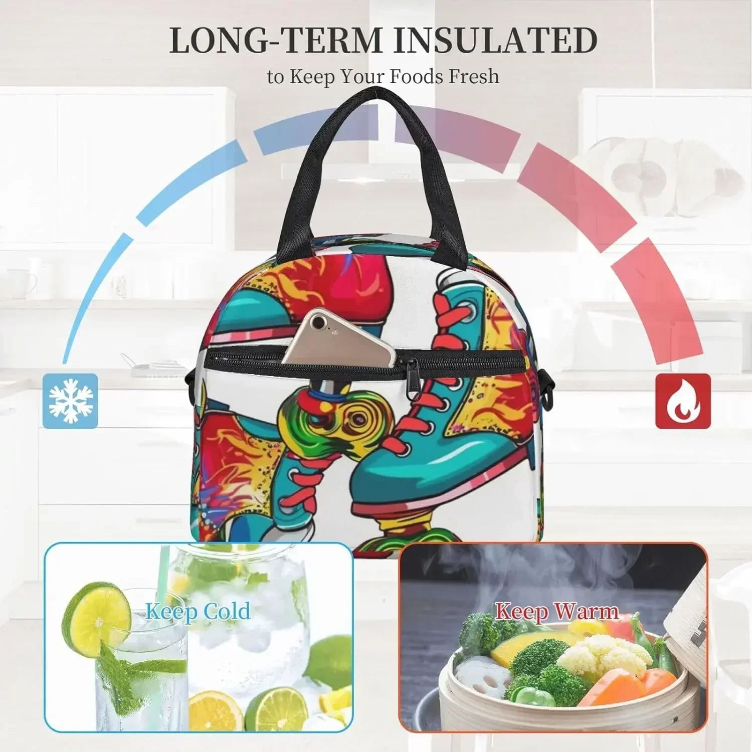 

Lunch Box for Men Women Colorful Roller Skates Print Lunch Bag Insulated Reusable Portable Lunchbox