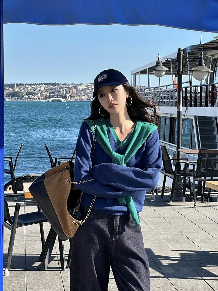 

ZQ oulder Wrap Sweater Women's Loose Casual Top Two-Piece Set Color Blo Design Cotton Knitted Autumn Commute Sle