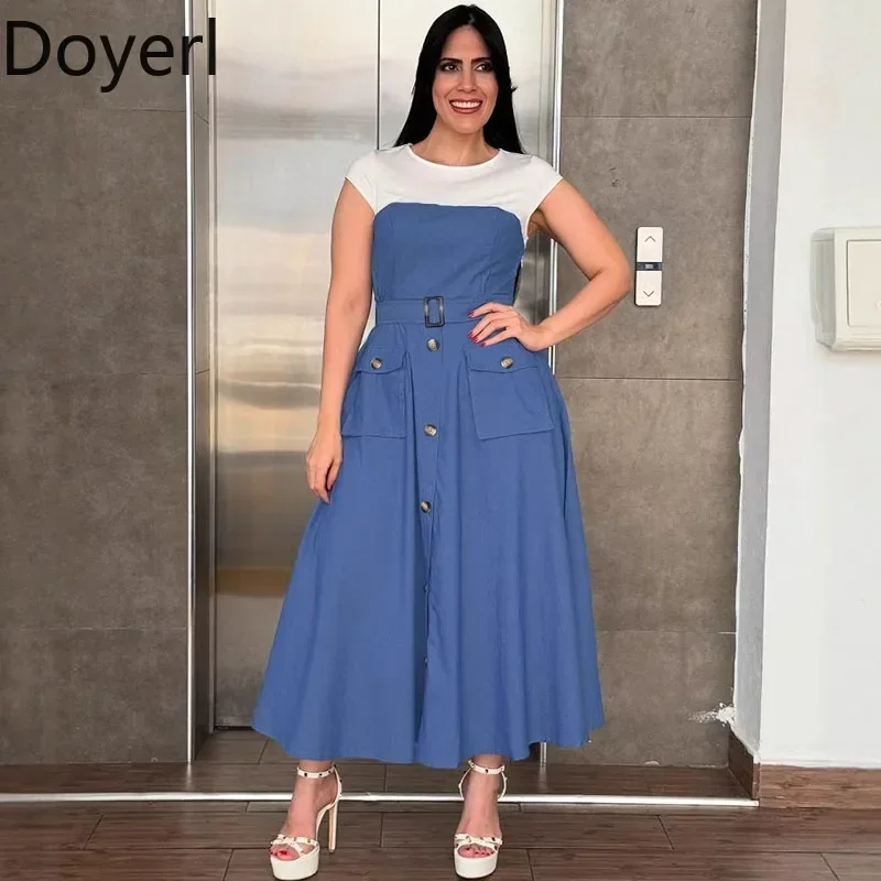 

Doyerl Denim Patchwork Summer Dresses Women 2025 Short Sleeve High Waist Pockets Button A-line Party Club Maxi Dress with Belt