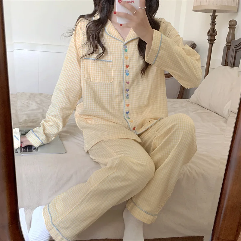 Korean Style Sweet Beige Grid Student Homewear Set 2023 New Long Sleeved Pants Cute Pajamas Suit for Women\'s Autumn