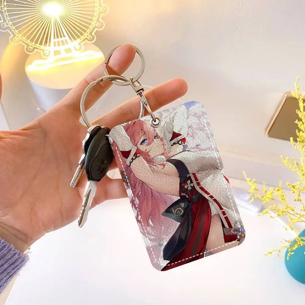 Anime Genshin Impact Yae Miko 1Pc Access Card Case Leather Card Holder Keychain Key Ring Door Access Tags ID Card Case Keychain