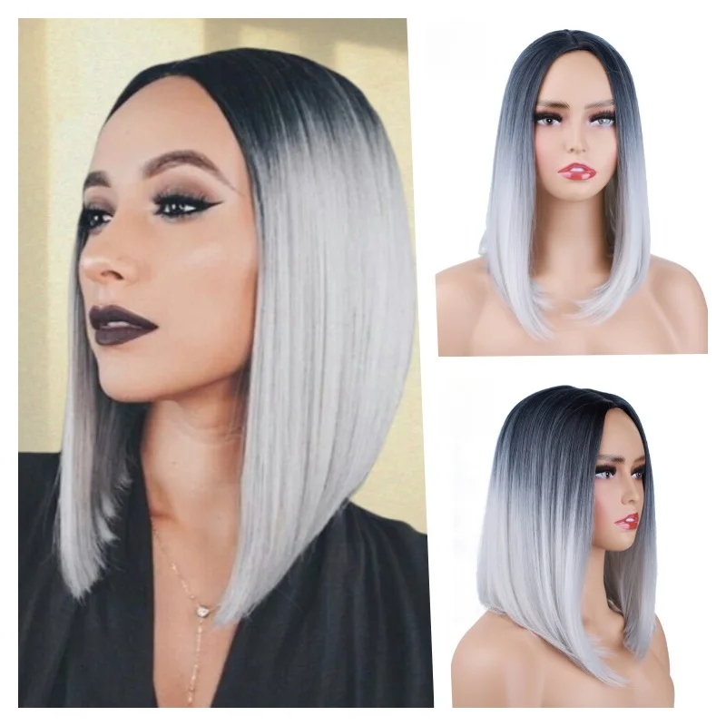 Lydia Gray Blonde Bug Ombre Synthetic Wigs Short Straight Bob Wigs for Women Middle Part Lolita Cosplay Hair Heat Resistant