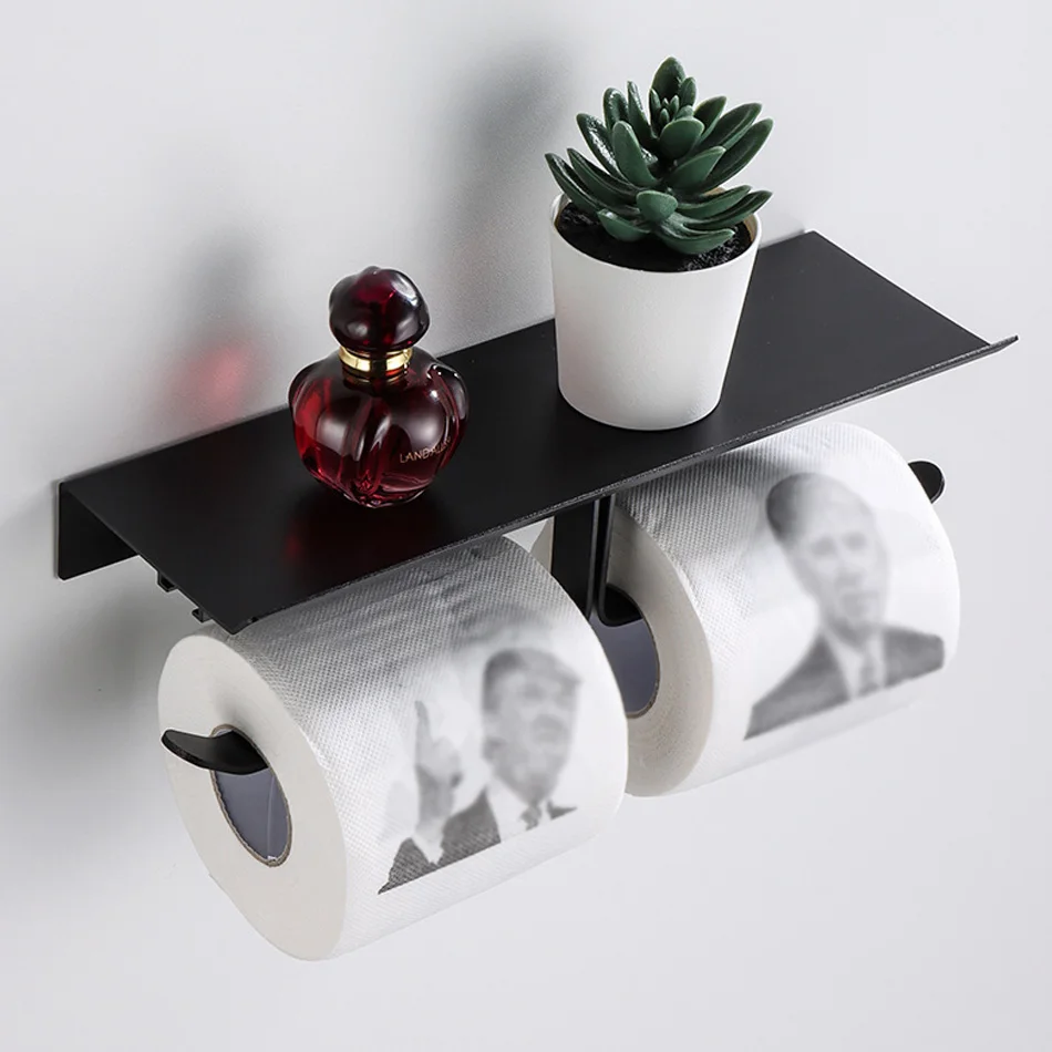 Toilet Paper Holder with Shelf Matt Black Sliver Aluminum Wall Mounted Kitchen Bathroom WC Paper Towel Rack Tissue Roll Holder