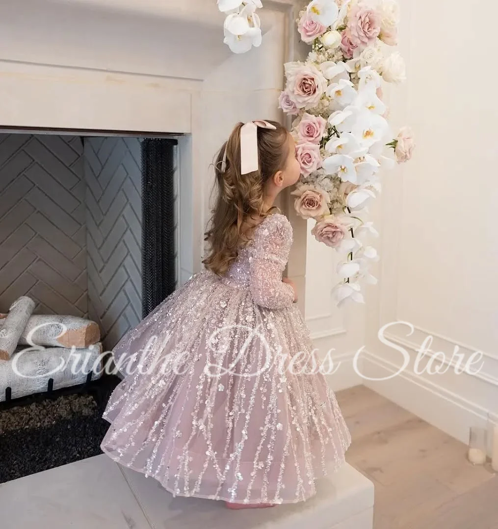 فستان فتاة الزهور الوردي الفاتح لحفلات الزفاف من التول المنتفخ والترتر الأميرة الطفل أول فستان حفلة عيد الميلاد الإفخارستية حسب الطلب